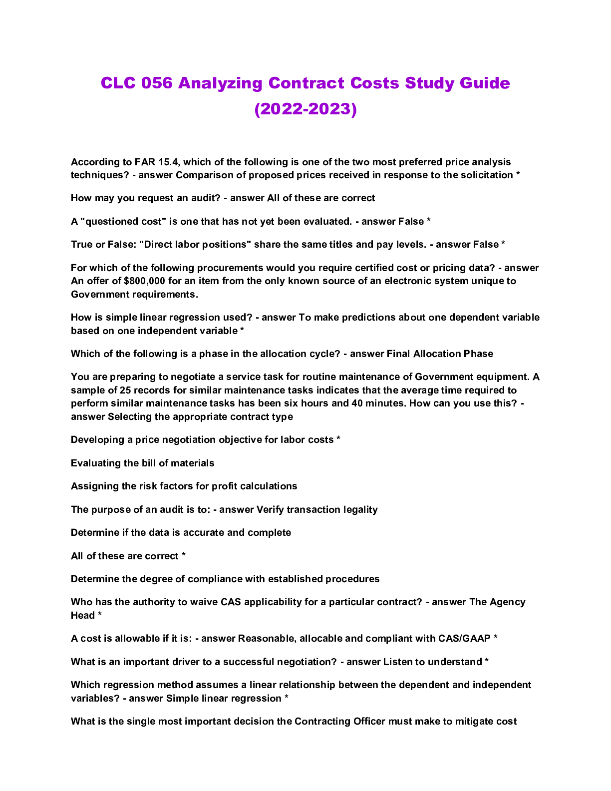 Preview image of CLC 056 Analyzing Contract Costs Study Guide (2022-2023) document